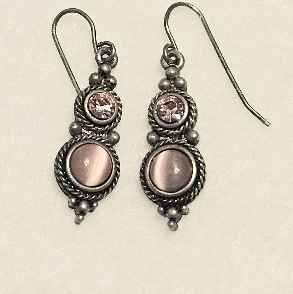 Vintage Silver-Toned Pink Cat's Eye and Crystal Dangle Earrings